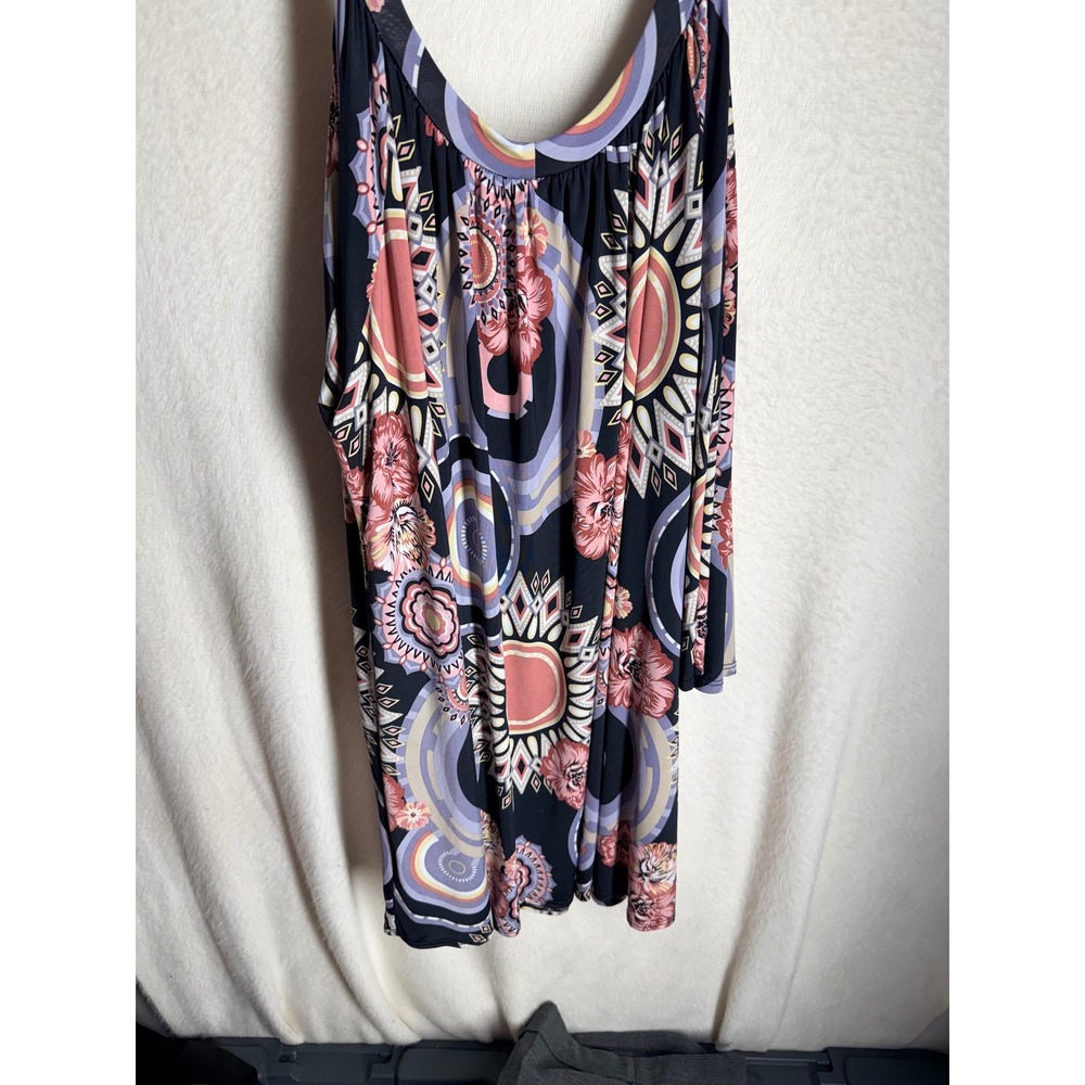 Boho‎ Geometric Floral Medallion Print Tunic Dress Navy Coral Retro Mini L/XL